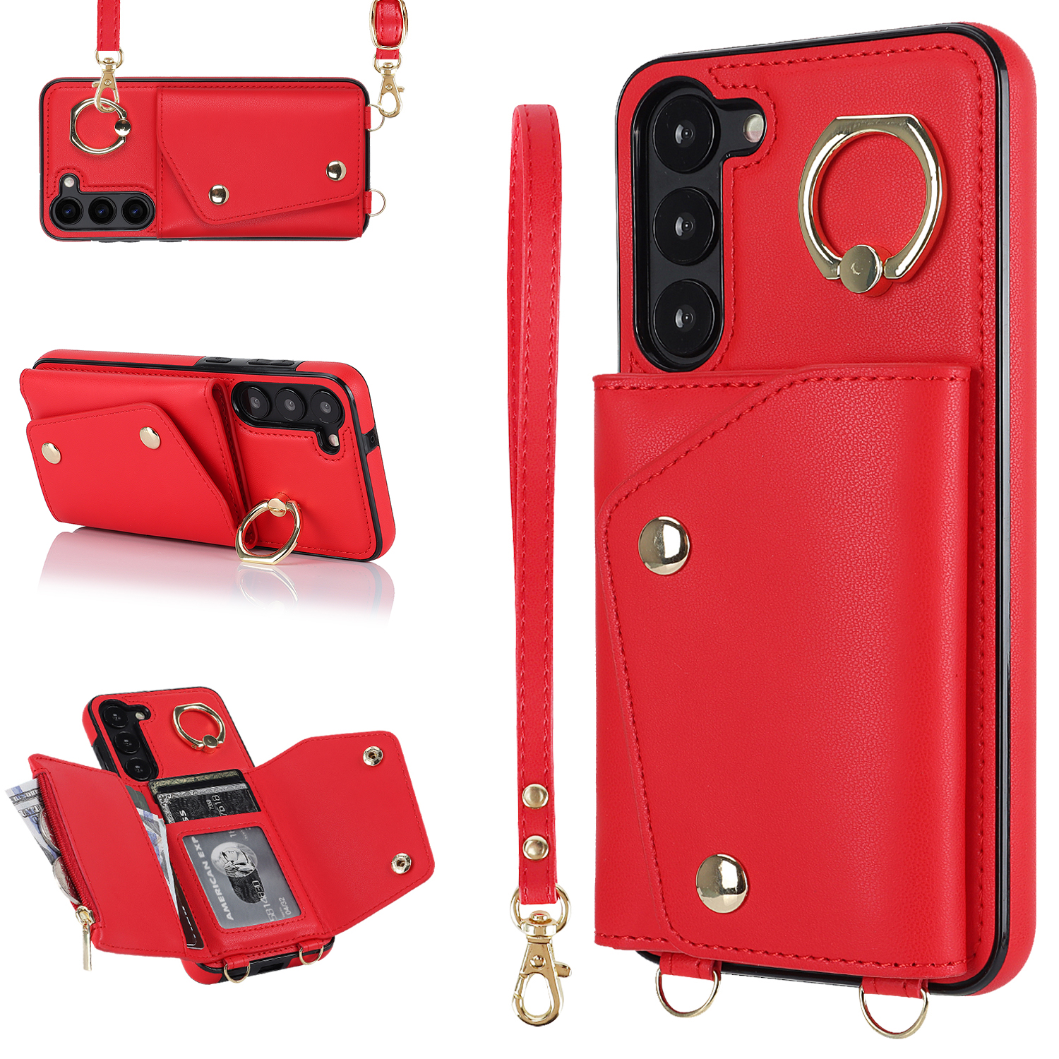 

Ringkickstand -telefonhülle Für Samsung Galaxy S23 Reißverschluss Brieftasche PU Leder Beschichtetes TPU -rückzug - Rot, Galaxy S23