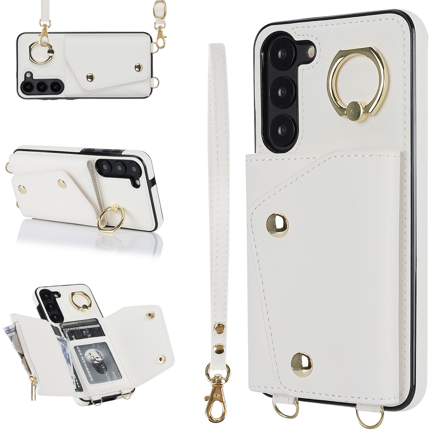 

Ringkickstand -telefonhülle Für Samsung Galaxy S23 Reißverschluss Brieftasche PU Leder Beschichtetes TPU -rückzug - Weiss, Galaxy S23