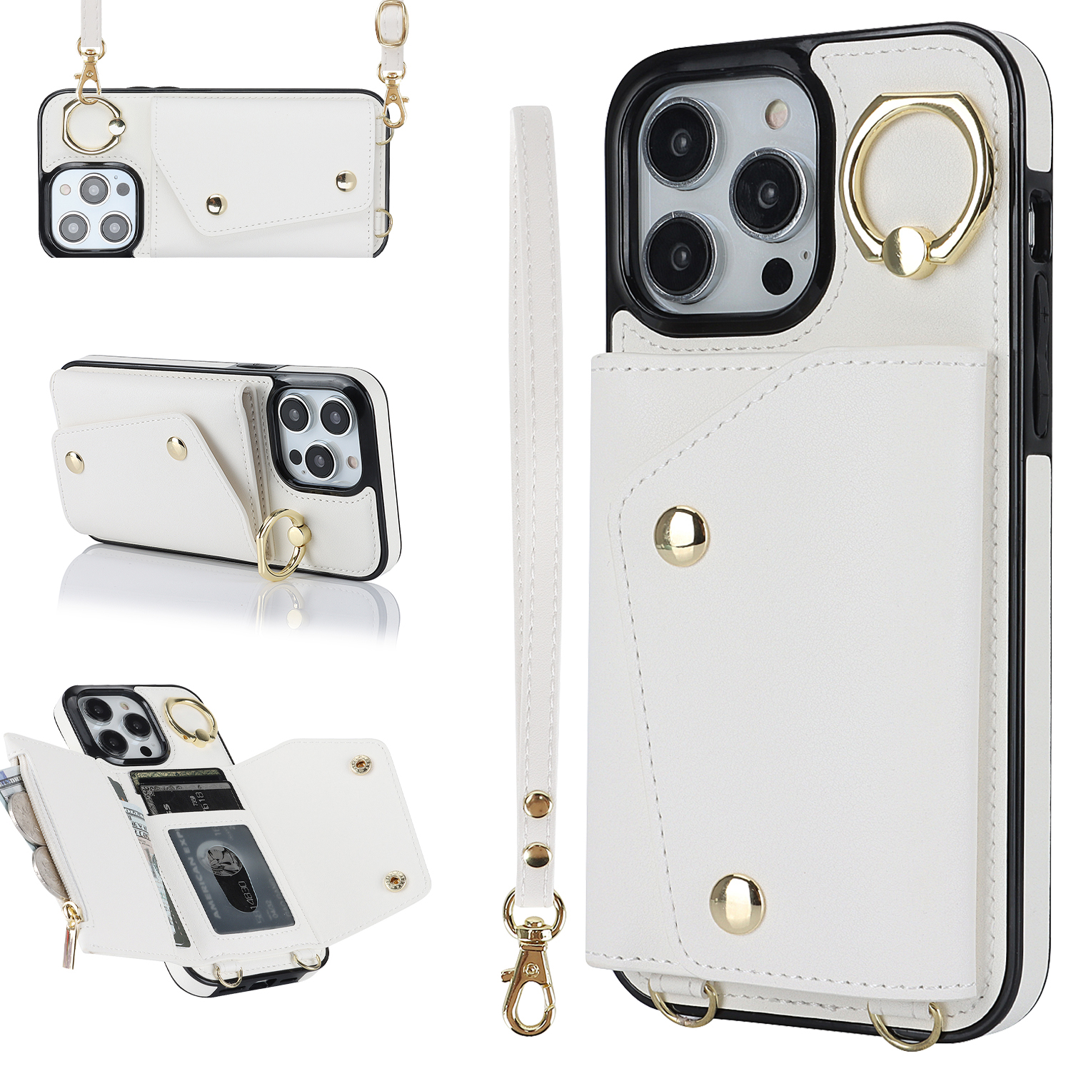 

Zipper -brieftasche Ring -kickstand -telefonhülle Für Iphone 14 Pro, PU Lederbeschichtete TPU -crossbody -telefonabdeckung - Weiss, iPhone 14 Pro