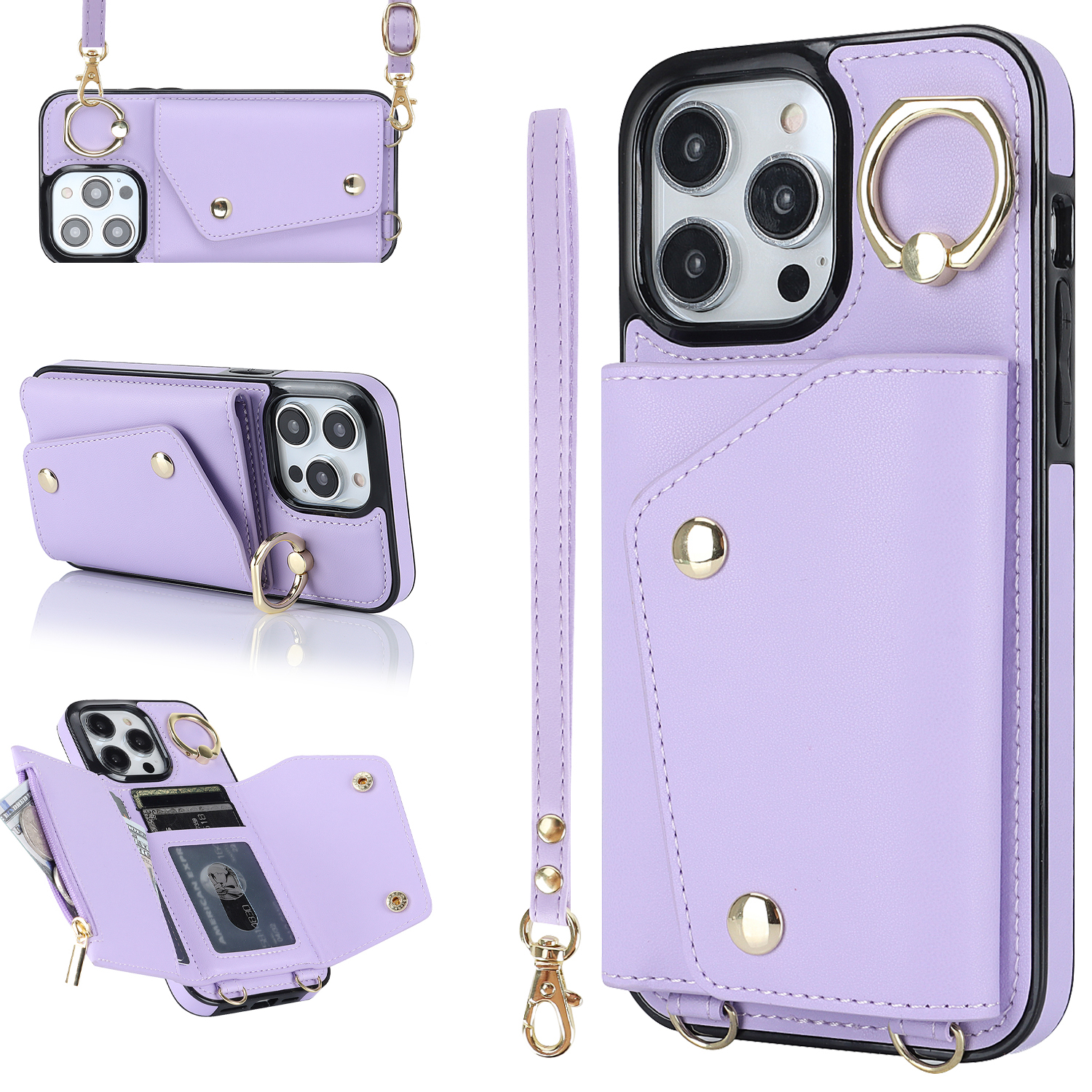 

Zipper -brieftasche Ring -kickstand -telefonhülle Für Iphone 14 Pro, PU Lederbeschichtete TPU -crossbody -telefonabdeckung - Lila, iPhone 14 Pro