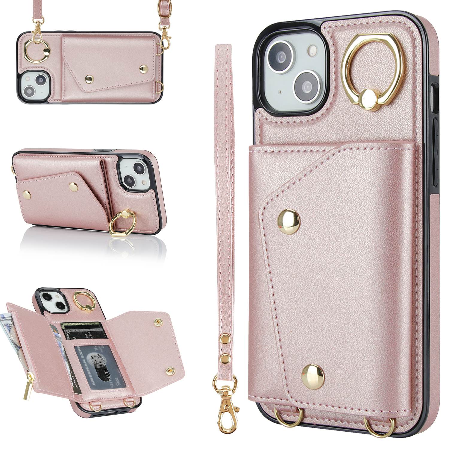 

Zipper -brieftaschen -telefonabdeckung Für Iphone 13 Mini PU Lederbeschichtete TPU -rotary Ring Kickstand Telefonhülle - Roségold, iPhone 13 mini