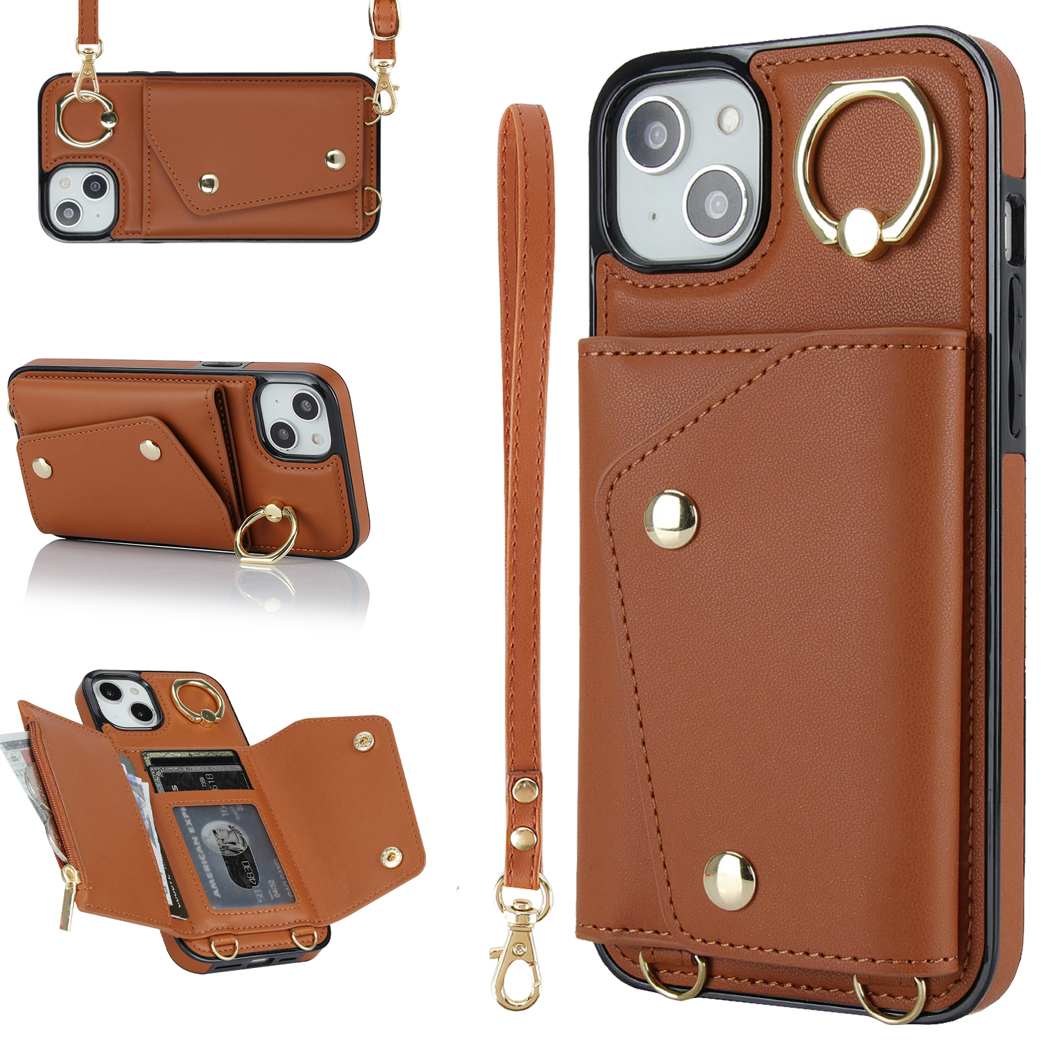 

Zipper -brieftaschen -telefonabdeckung Für Iphone 13 Mini PU Lederbeschichtete TPU -rotary Ring Kickstand Telefonhülle - Braun, iPhone 13 mini