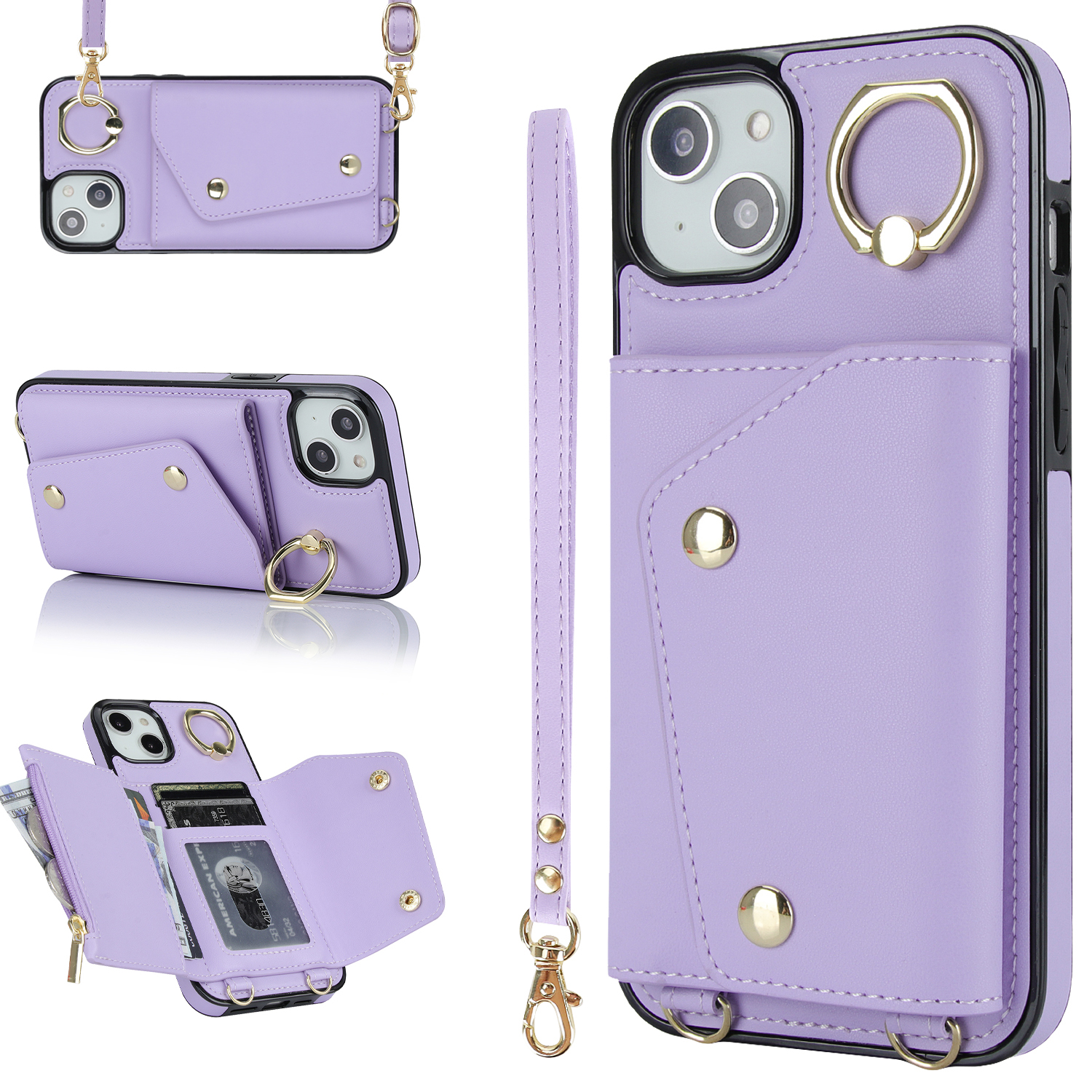 

Zipper -brieftaschen -telefonabdeckung Für Iphone 13 Mini PU Lederbeschichtete TPU -rotary Ring Kickstand Telefonhülle - Lila, iPhone 13 mini
