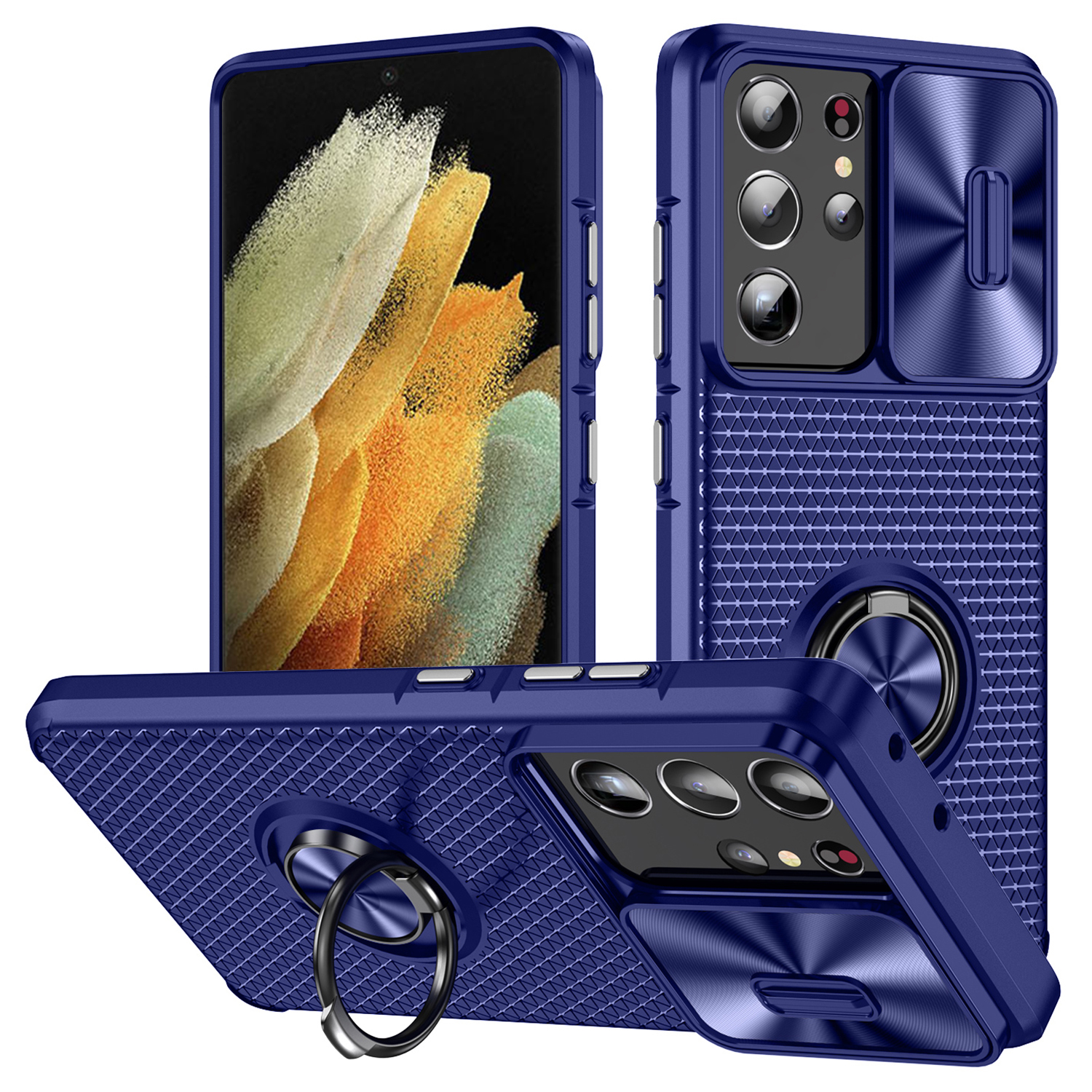 

Für Samsung Galaxy S21 Ultra 5G PC+TPU Phone Case Ring Kickstand Deckung Mit Dia Camera Objektivschutzschutz - Saphir+blau, Galaxy S21 Ultra 5G