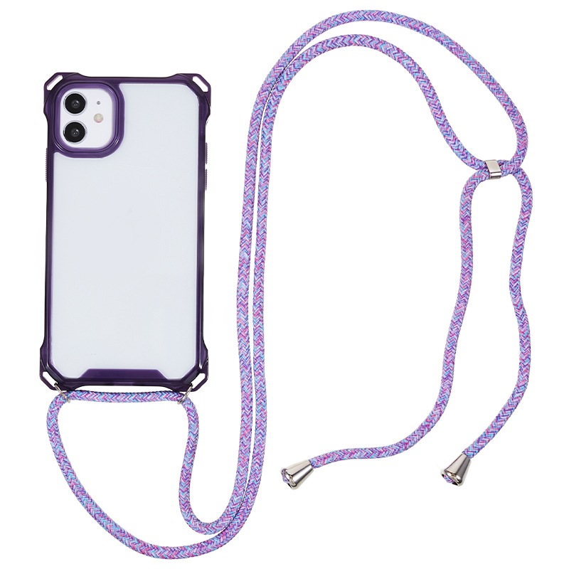 

Für Iphone 11 Clear Acryl + TPU -telefonhülle Vier Ecken Stoßdämpfungsabdeckung Mit Lanyard - Lila Rahmen, iPhone 11