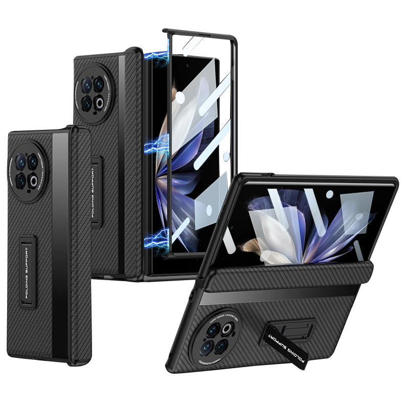 

GKK Für Vivo X Falt2 Kickstand -telefonhülle PU Leder+pc Magnetic Scharnierschutzabdeckung Mit Temperaturem Glastilfilm - Kohlefasertextur, vivo X Fold2