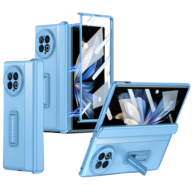 

GKK Für Vivo X Falt2 Kickstand -telefonhülle PU Leder+pc Magnetic Scharnierschutzabdeckung Mit Temperaturem Glastilfilm - Blau, vivo X Fold2