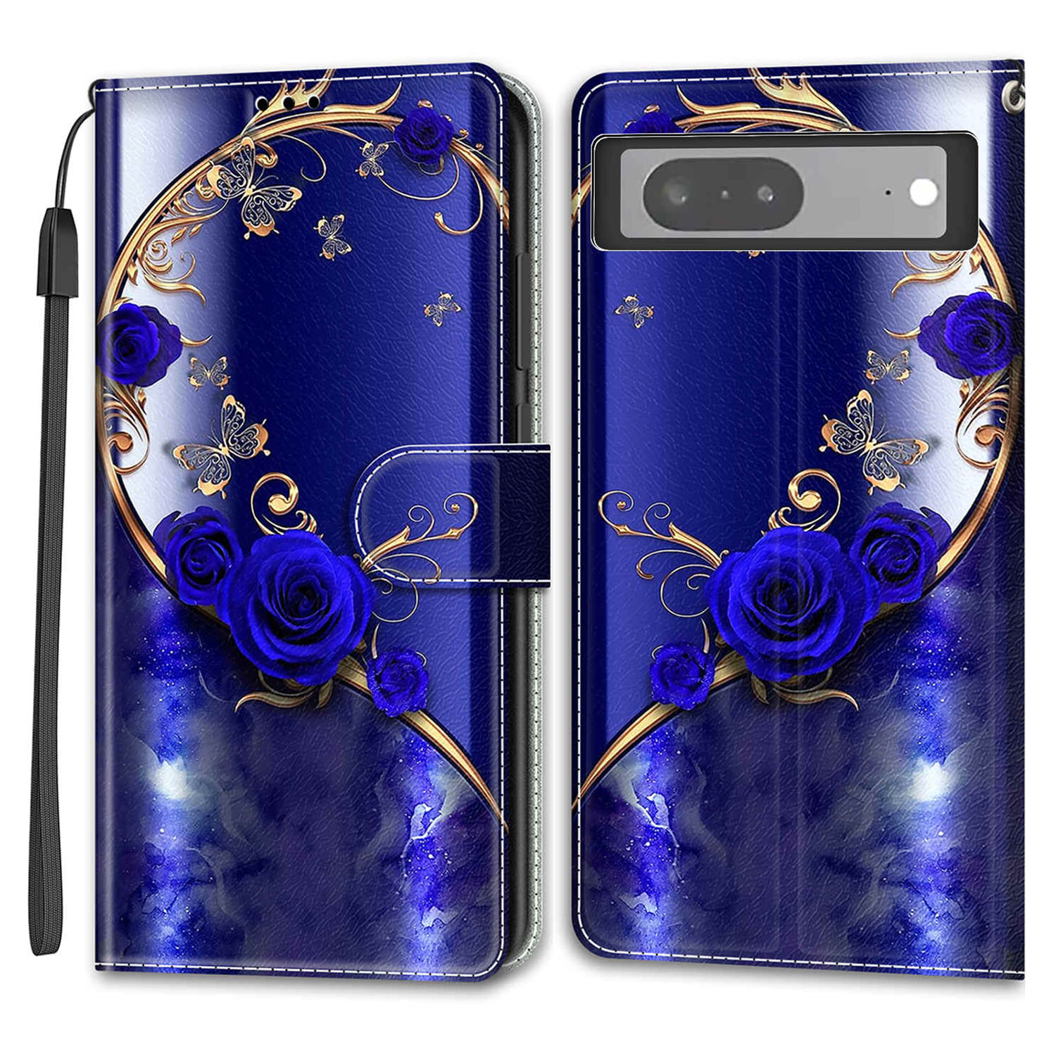 

Kartensteckplätze Lederhülle Für Google Pixel 7 5G Muster Gedrucktes Stand Telefonabdeckung Mit Riemen - Blaue Rose / Goldener Schmetterling, Google Pixel 7 5G