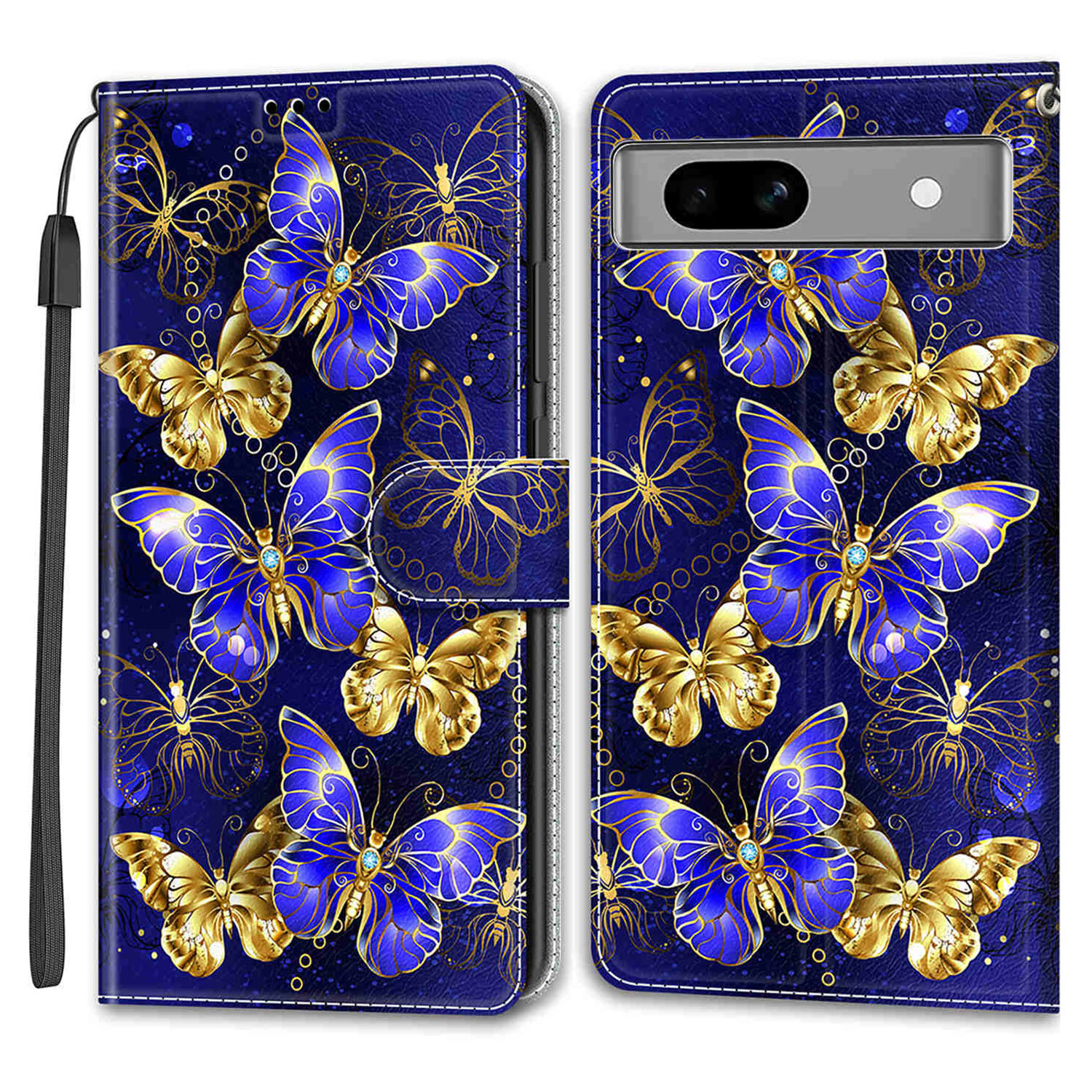 

Für Google Pixel 7a PU Ledermuster -druckkoffer -karten -ständer -telefonabdeckung Mit Riemen - Goldene Schmetterlinge, Google Pixel 7a