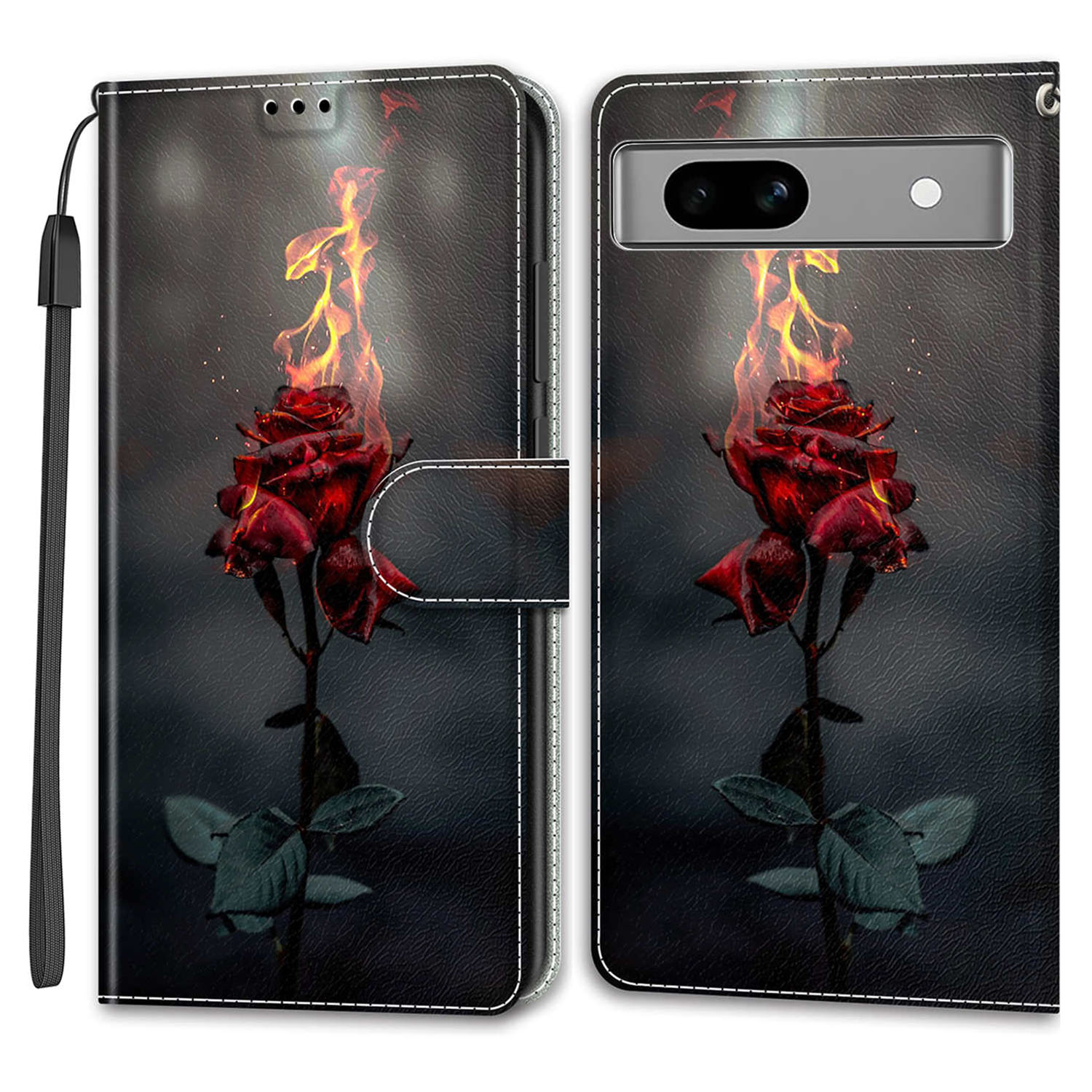 

Für Google Pixel 7a PU Ledermuster -druckkoffer -karten -ständer -telefonabdeckung Mit Riemen - Feuer Rose, Google Pixel 7a