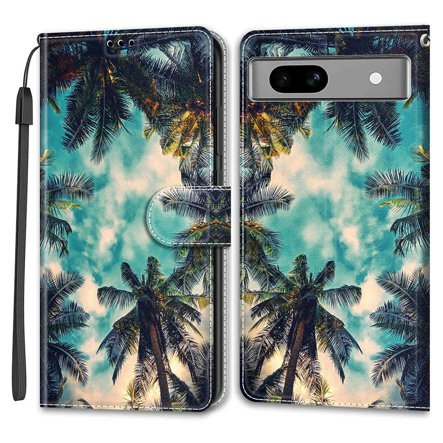 

Für Google Pixel 7a PU Ledermuster -druckkoffer -karten -ständer -telefonabdeckung Mit Riemen - Kokosnussbaum, Google Pixel 7a