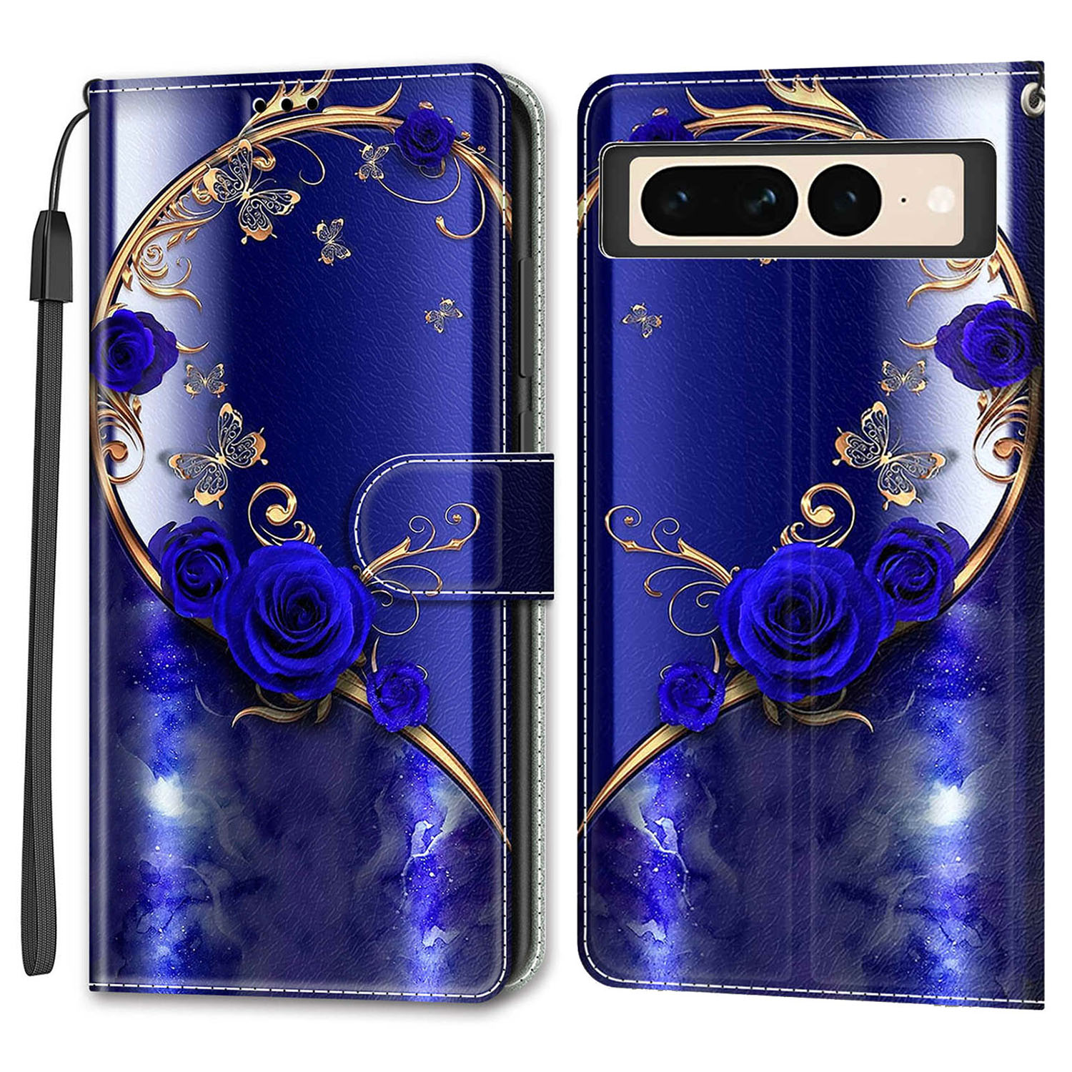 

Schutzhülle Für Google Pixel 7 Pro 5G -kartenschlitze Stand Phone Shell Muster Gedruckter Lederabdeckung Mit Riemen - Blaue Rose / Goldener Schmetterling, Google Pixel 7 Pro 5G