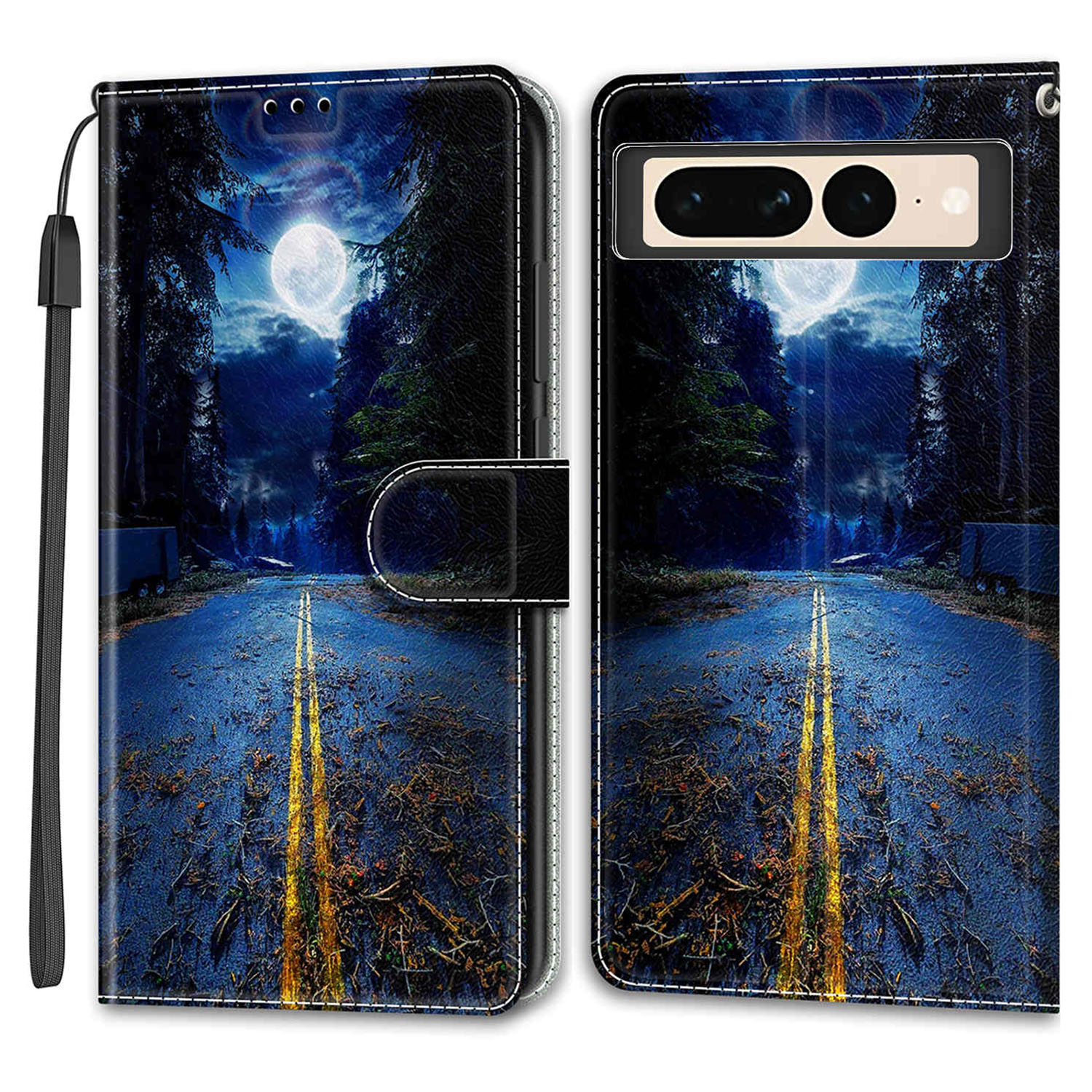 

Schutzhülle Für Google Pixel 7 Pro 5G -kartenschlitze Stand Phone Shell Muster Gedruckter Lederabdeckung Mit Riemen - Nachtstraße / Mond, Google Pixel 7 Pro 5G