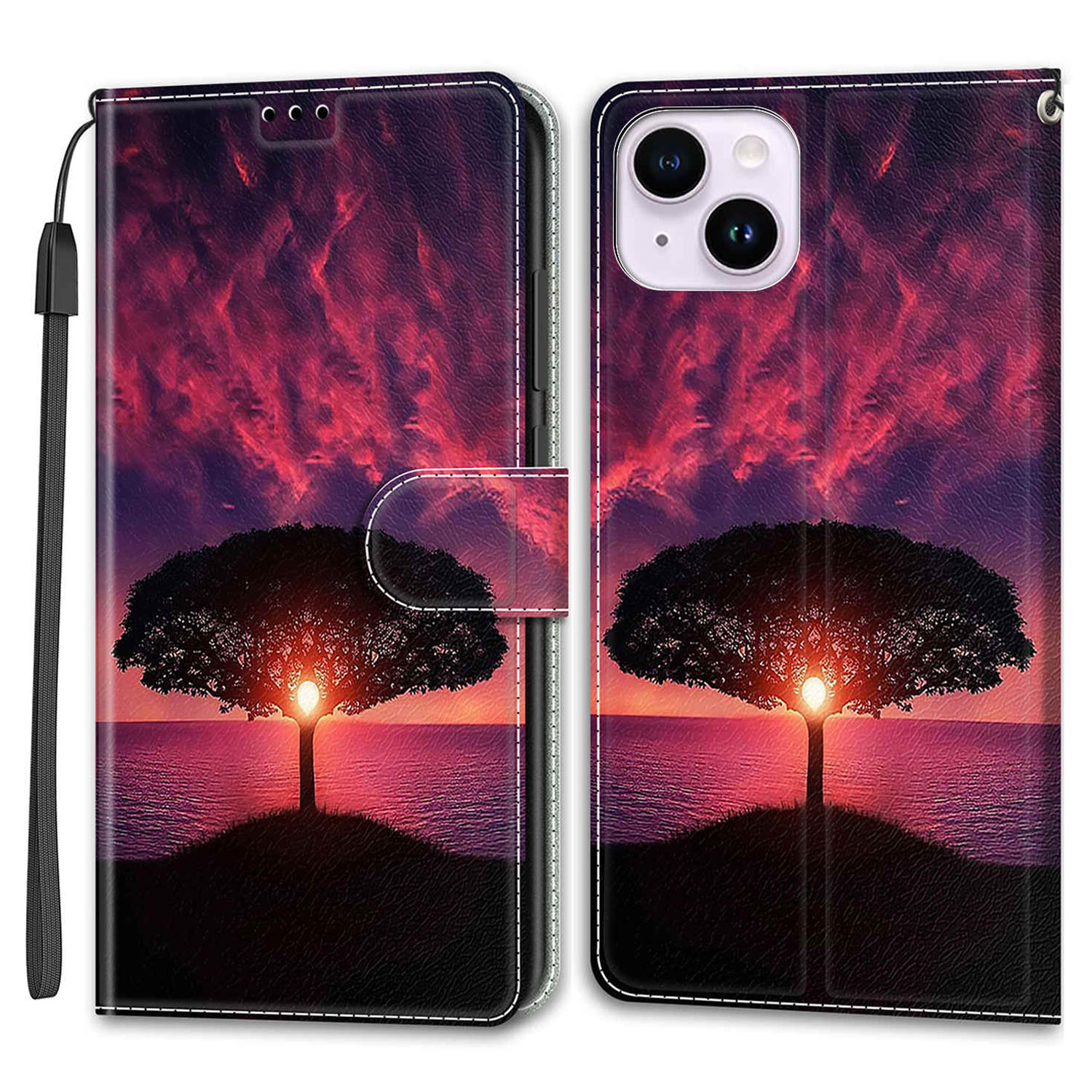 

Lederhülle Für Iphone 14, Muster Gedruckte Kartenhalter -stand Telefonabdeckung - Schwarzer Baum / Sonnenuntergang, iPhone 14