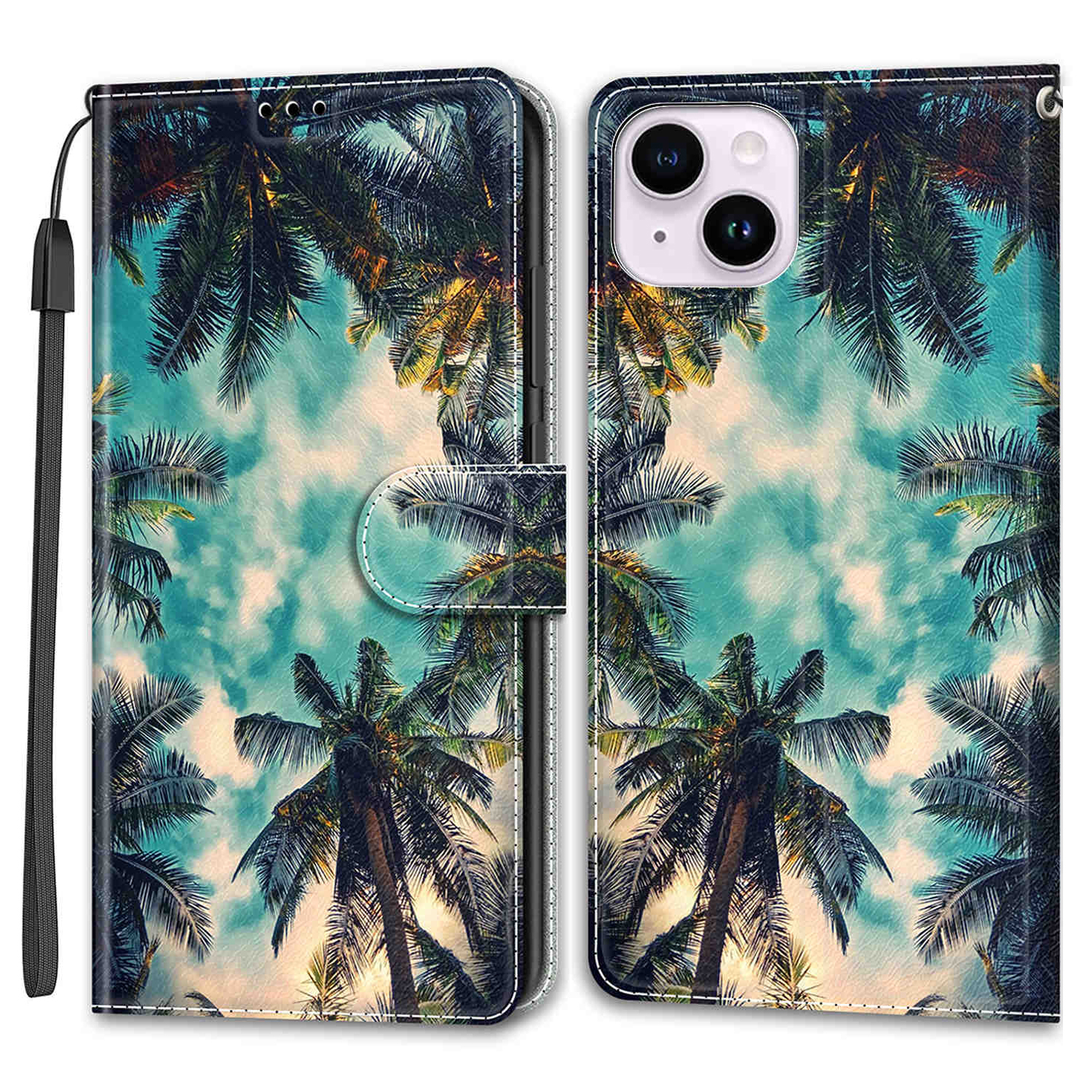 

Lederhülle Für Iphone 14, Muster Gedruckte Kartenhalter -stand Telefonabdeckung - Kokosnussbaum, iPhone 14