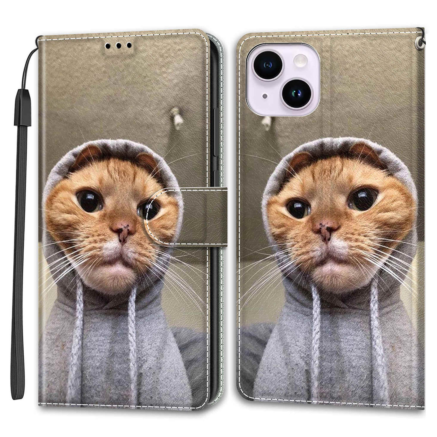 

Für Iphone 14 Plus PU Ledermuster Druckkoffer -kartenhalter -telefonabdeckung Mit Stand - Gelbe Katze / Pullover, iPhone 14 Plus