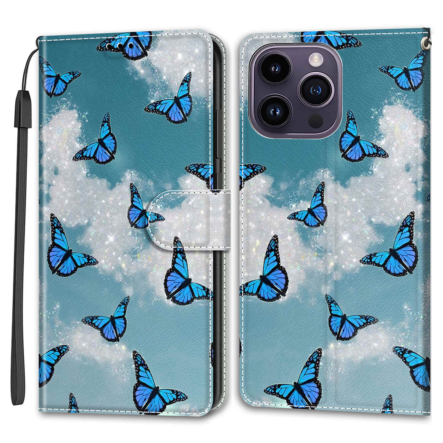 

Für Das Iphone 14 Pro Max Muster Bedruckte Leder -phone -hülle -kartenhalter Flip Ständer Cover - Weisse Wolke / Blaue Schmetterlinge, iPhone 14 Pro Max
