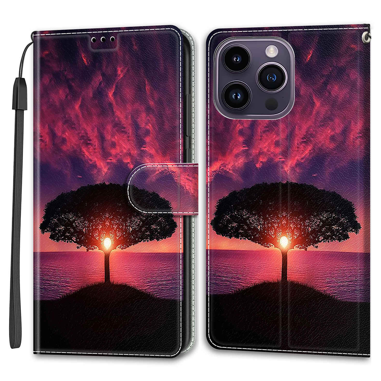 

Für Das Iphone 14 Pro Max Muster Bedruckte Leder -phone -hülle -kartenhalter Flip Ständer Cover - Schwarzer Baum / Sonnenuntergang, iPhone 14 Pro Max