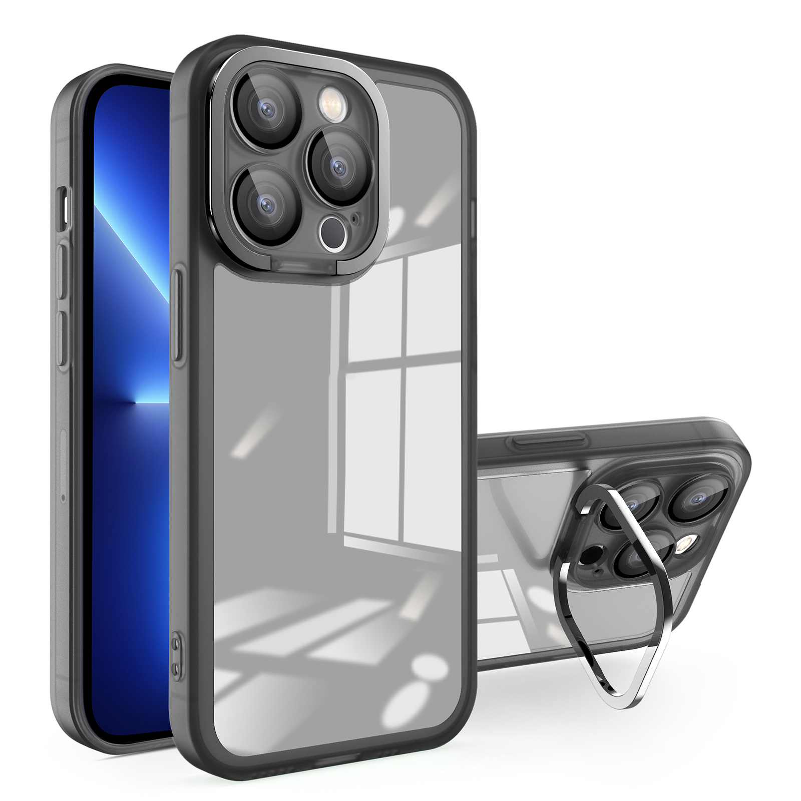 For iPhone 13 Pro Max inch TPU Phone Case Electroplating PC Kickstand Phone Cover with Lens Protector - Black