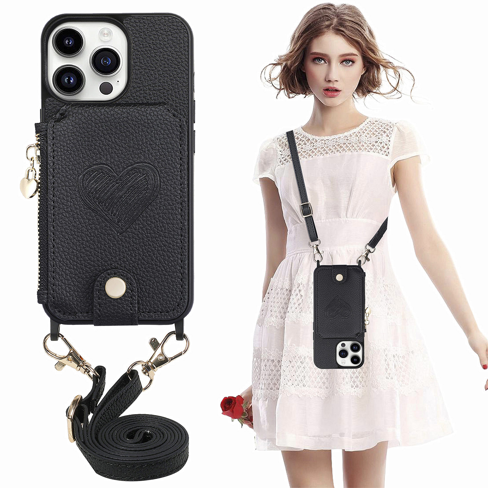 

Für Iphone 14 Pro Max Reißverschluss Brieftasche Kickstand PU Leder+pc+tpu -telefonabdeckung Mit Lanyard - Schwarz, iPhone 14 Pro Max