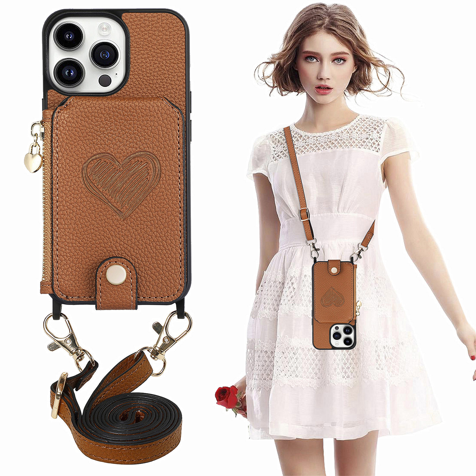 

Für Iphone 14 Pro Max Reißverschluss Brieftasche Kickstand PU Leder+pc+tpu -telefonabdeckung Mit Lanyard - Braun, iPhone 14 Pro Max