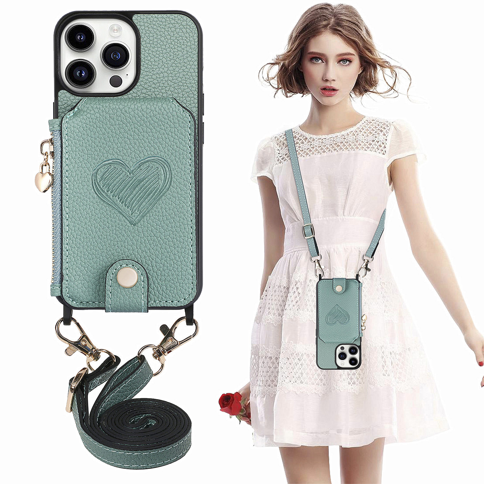 

Für Iphone 14 Pro Max Reißverschluss Brieftasche Kickstand PU Leder+pc+tpu -telefonabdeckung Mit Lanyard - Baby Blau, iPhone 14 Pro Max