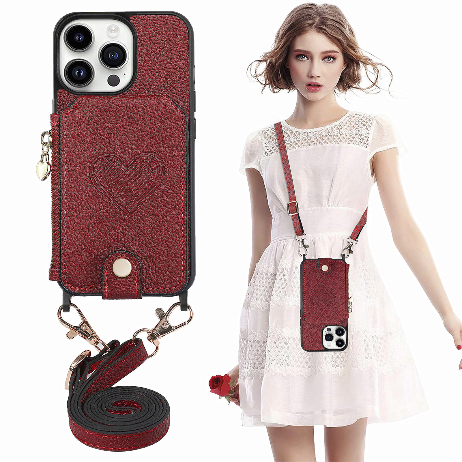 

Für Iphone 14 Pro Max Reißverschluss Brieftasche Kickstand PU Leder+pc+tpu -telefonabdeckung Mit Lanyard - Rot, iPhone 14 Pro Max