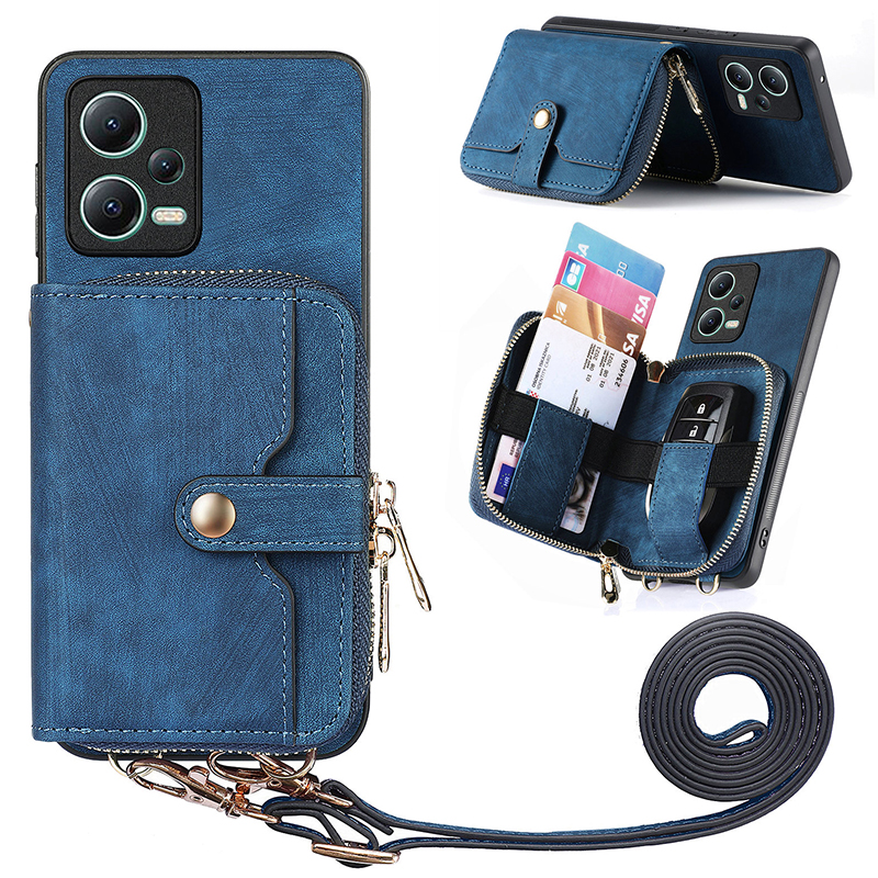 

Für Xiaomi Redmi Note 12 5G (global) Reißverschluss Brieftasche Kickstand PU Leder+pc+tpu -telefonabdeckung Mit Lanyard - Dunkelblau, Xiaomi Redmi Note 12 5G (Global)