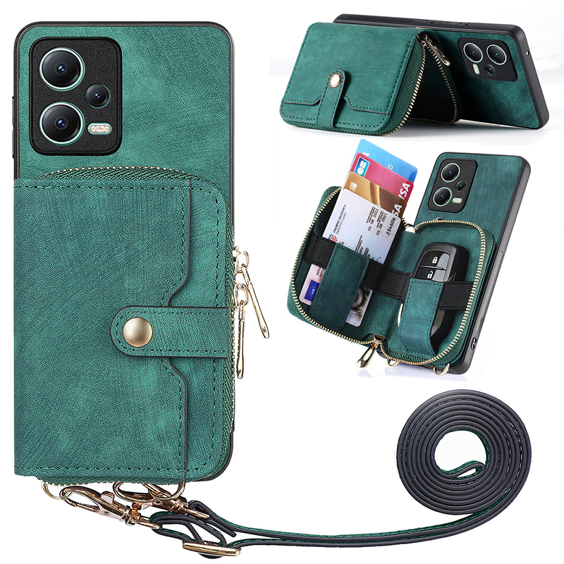 

Für Xiaomi Redmi Note 12 5G (global) Reißverschluss Brieftasche Kickstand PU Leder+pc+tpu -telefonabdeckung Mit Lanyard - Grün, Xiaomi Redmi Note 12 5G (Global)