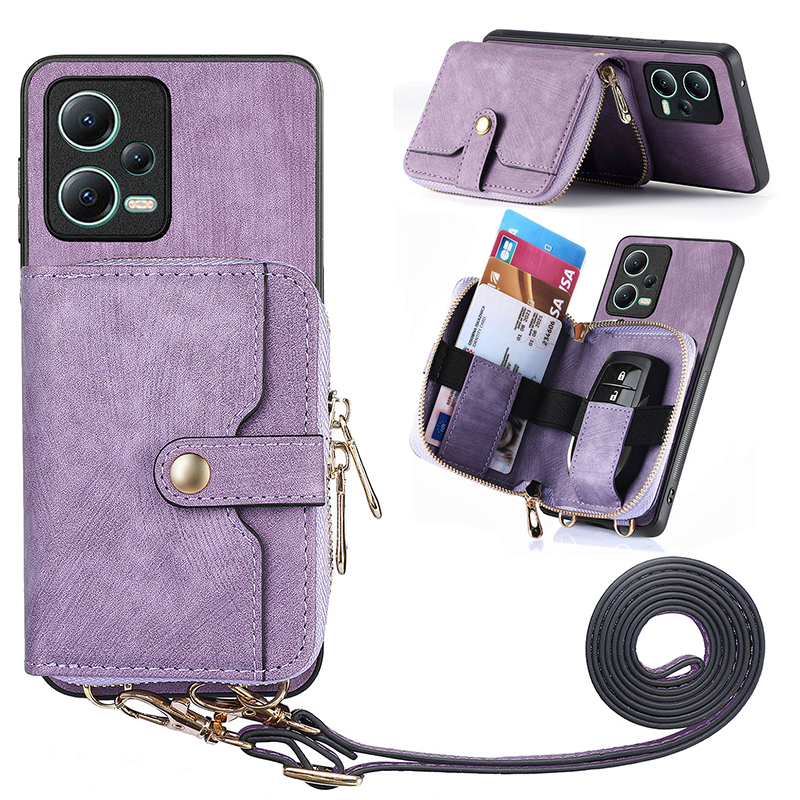 

Für Xiaomi Redmi Note 12 5G (global) Reißverschluss Brieftasche Kickstand PU Leder+pc+tpu -telefonabdeckung Mit Lanyard - Lila, Xiaomi Redmi Note 12 5G (Global)