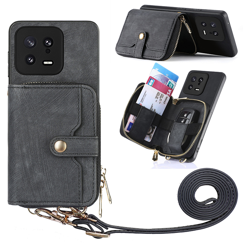 

Reißverschluss Brieftaschenhülle Für Xiaomi 13, PU Leder+pc+tpu -telefon -kickständer Mit Lanyard - Schwarz, Xiaomi 13