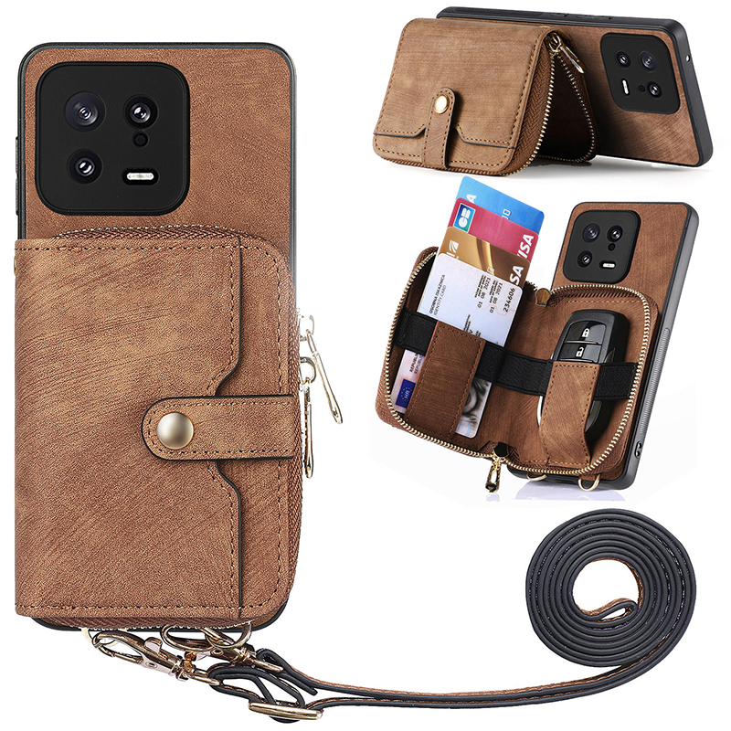 

Reißverschluss Brieftaschenhülle Für Xiaomi 13, PU Leder+pc+tpu -telefon -kickständer Mit Lanyard - Braun, Xiaomi 13