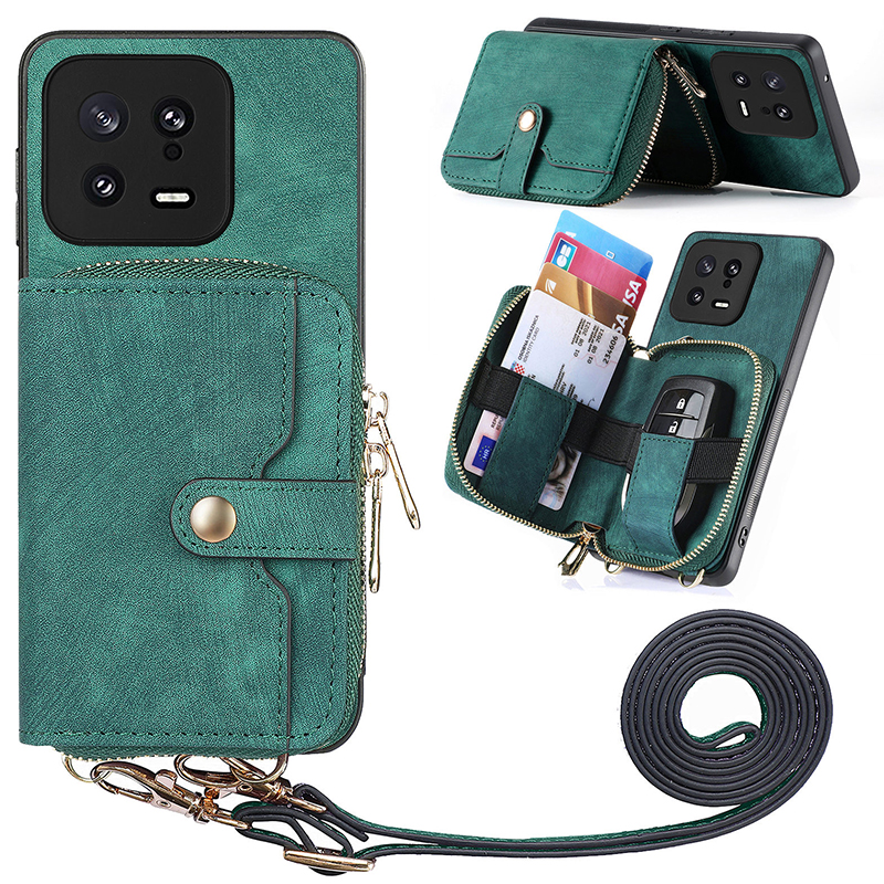 

Reißverschluss Brieftaschenhülle Für Xiaomi 13, PU Leder+pc+tpu -telefon -kickständer Mit Lanyard - Grün, Xiaomi 13