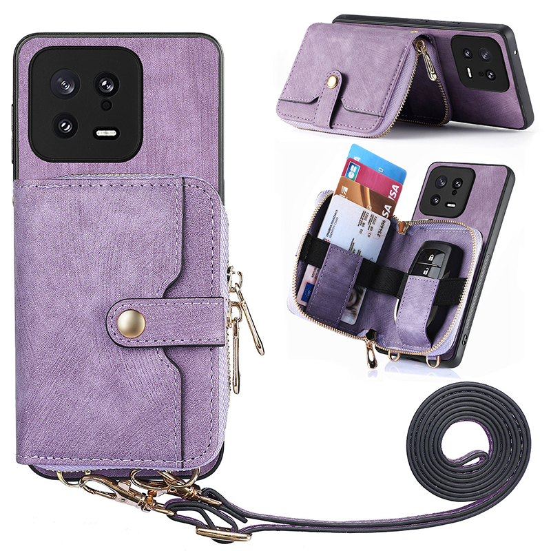 

Reißverschluss Brieftaschenhülle Für Xiaomi 13, PU Leder+pc+tpu -telefon -kickständer Mit Lanyard - Lila, Xiaomi 13