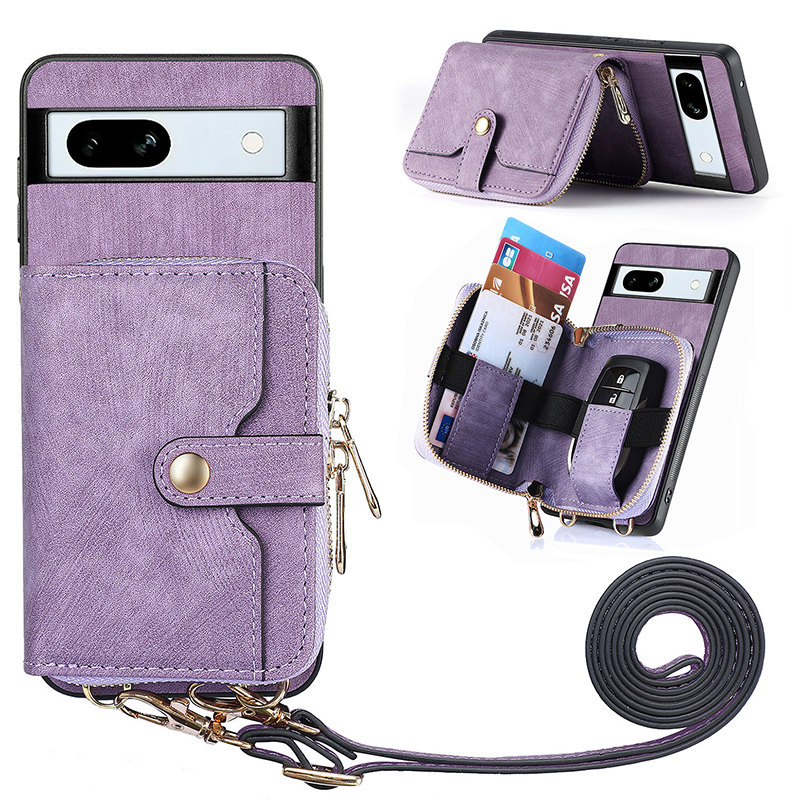

Für Google Pixel 7a Reißverschluss Brieftasche Telefon Cover Kickstand PU Leder+pc+tpu -hülle Mit Lanyard - Lila, Google Pixel 7a