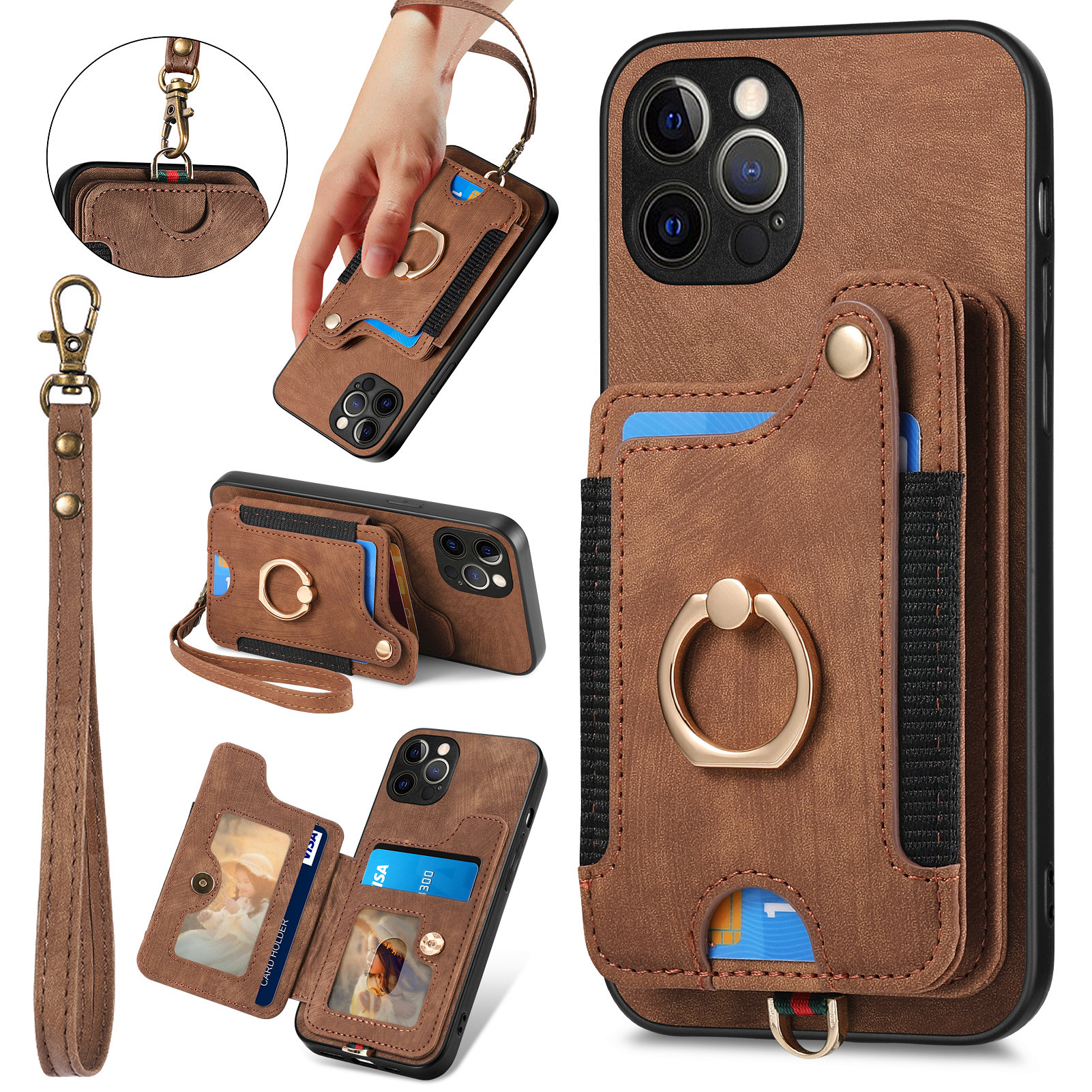 

RFID -blockierung Telefonhülle Für Iphone 12 Pro Max, Kickstand -kartenhalter PU Leder+pc+tpu -cover - Braun, iPhone 12 Pro Max
