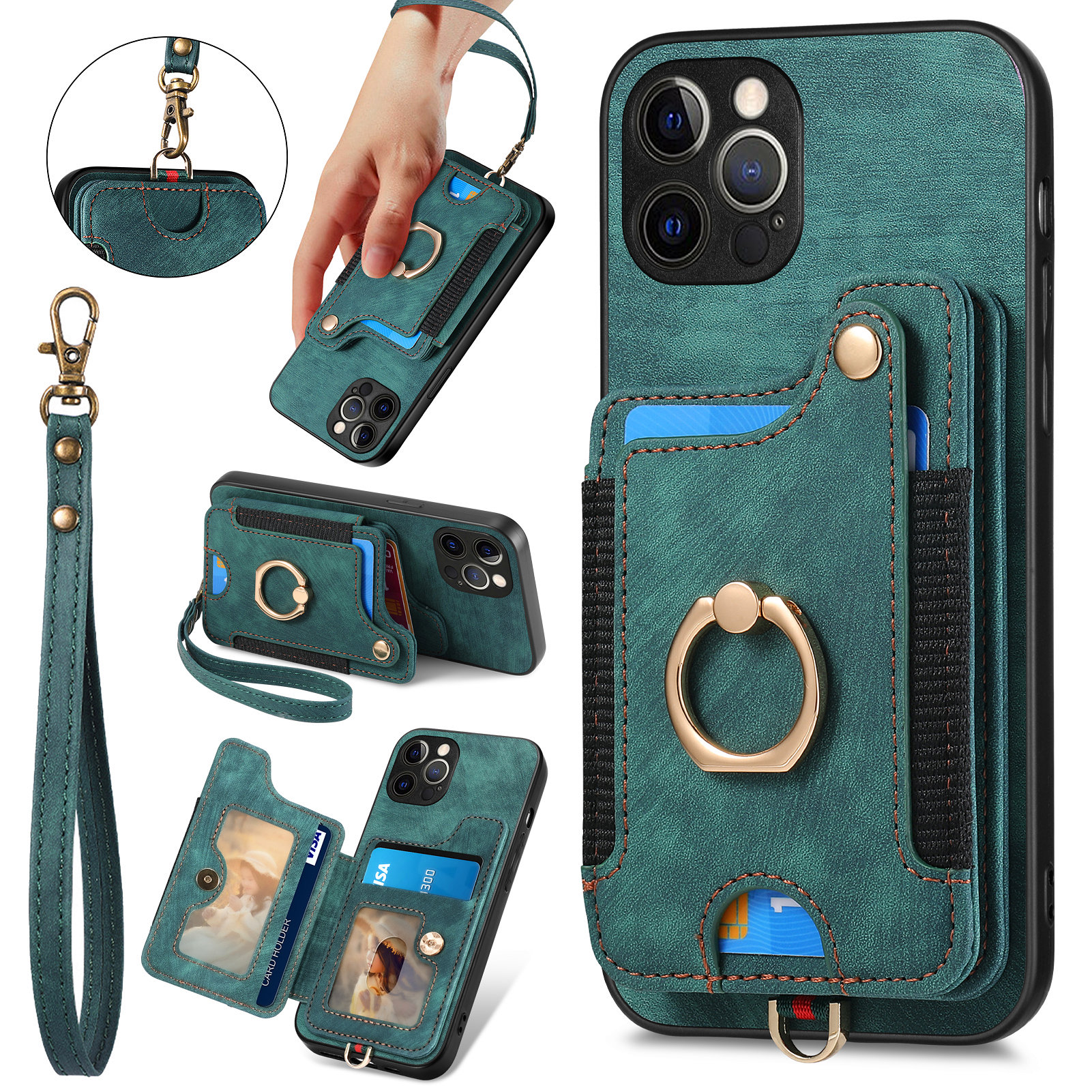 

RFID -blockierung Telefonhülle Für Iphone 12 Pro Max, Kickstand -kartenhalter PU Leder+pc+tpu -cover - Grün, iPhone 12 Pro Max