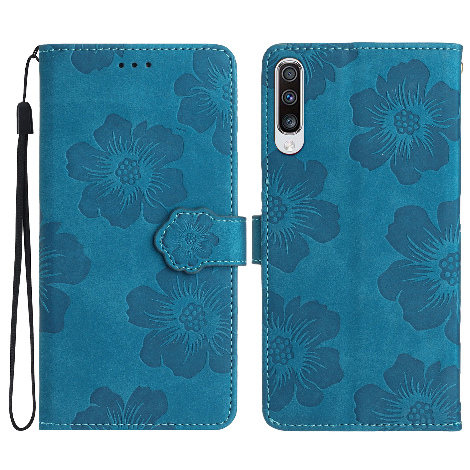 

Für Samsung Galaxy A70 Blumen Eingeprägte Anti-fingerabdruck-ständer Lederhülle Brieftasche Telefonabdeckung - Blau, Galaxy A70