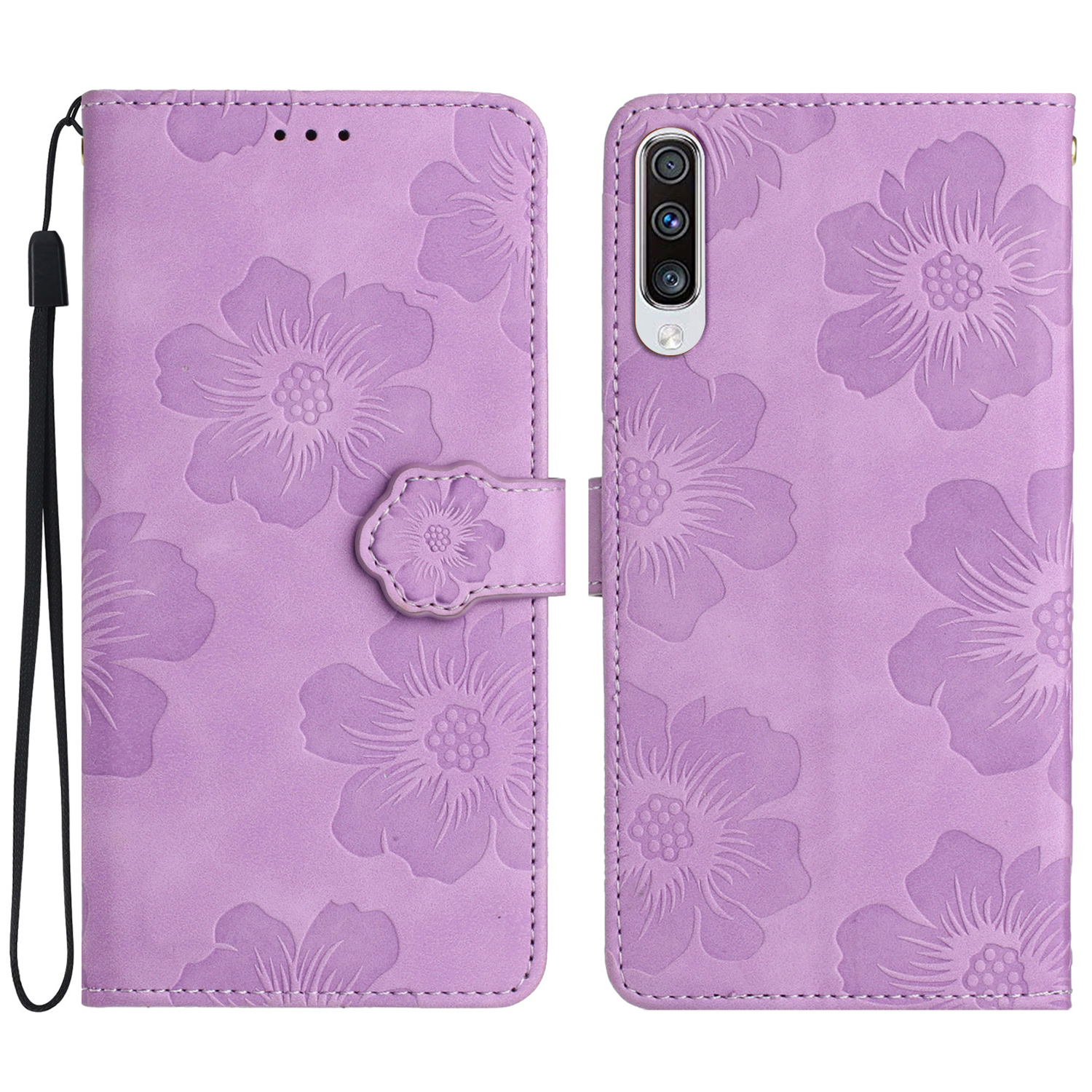 

Für Samsung Galaxy A70 Blumen Eingeprägte Anti-fingerabdruck-ständer Lederhülle Brieftasche Telefonabdeckung - Lila, Galaxy A70