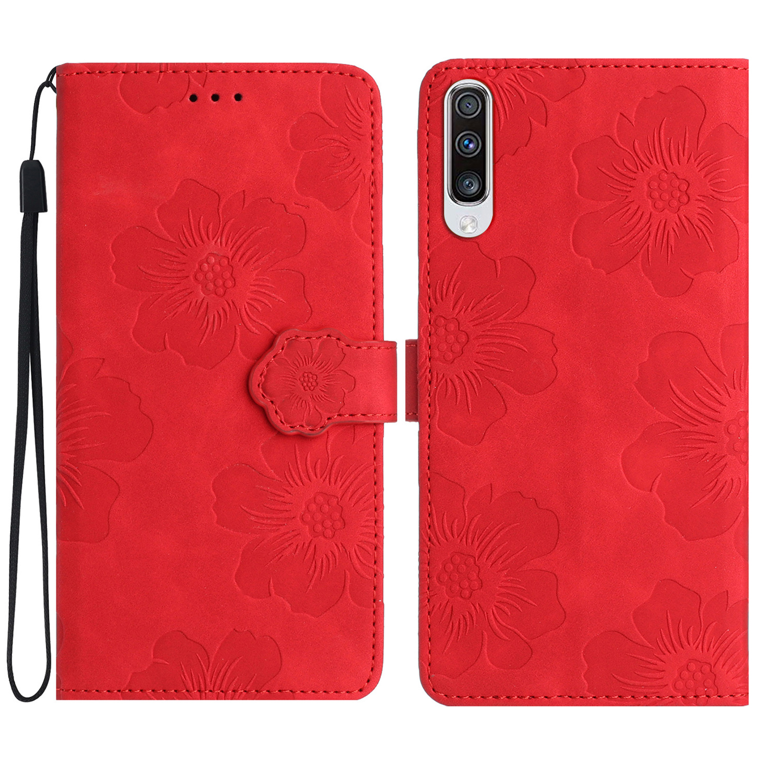 

Für Samsung Galaxy A70 Blumen Eingeprägte Anti-fingerabdruck-ständer Lederhülle Brieftasche Telefonabdeckung - Rot, Galaxy A70
