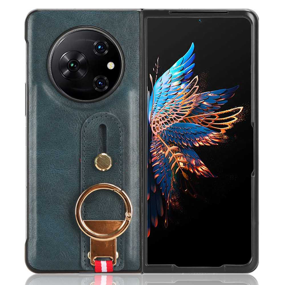 

Für Tecno Phantom V Fold Phone Shell Lederbeschichtung PC+TPU Armband Kickstand Cover Mit Nackengurt - Blau, Tecno Phantom V Fold