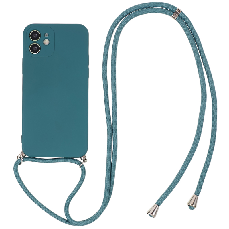 

Faserfasern Tpu-telefonhülle Für Iphone 12, Gummierte Anti-kratzer-abdeckung Mit Langem Lanyard - Armeegrün, iPhone 12