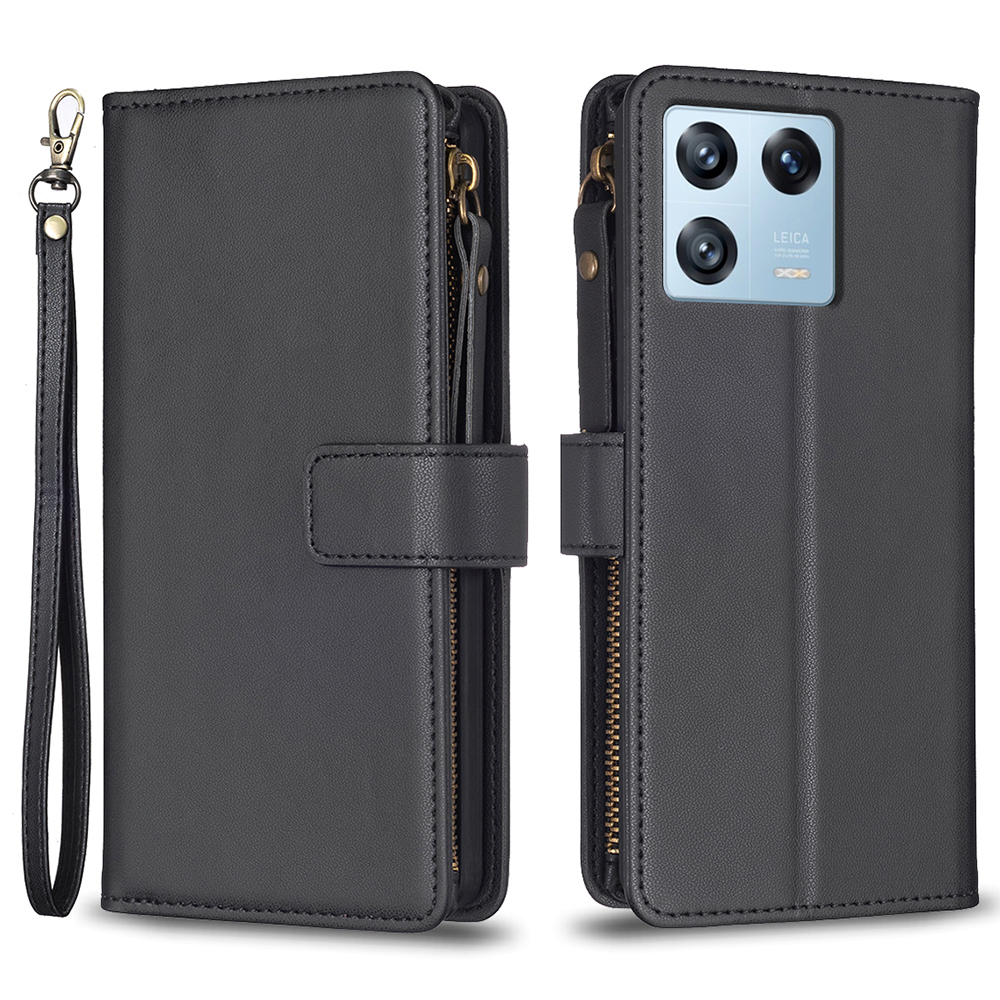 

BF Style-19 Für Xiaomi 13 Pro 5G Reißverschluss Tasche Feste Farbbrieftasche PU Leder-telefonständer Cover - Schwarz, Xiaomi 13 Pro 5G