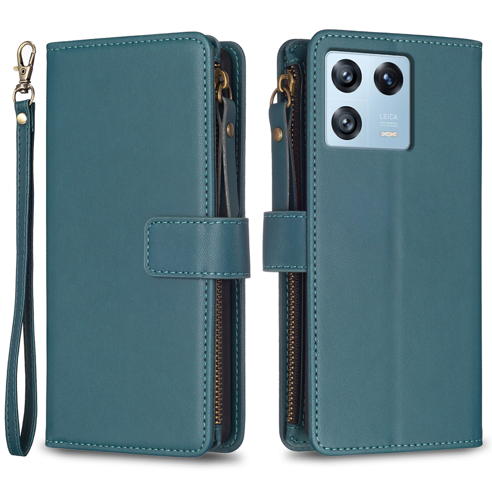 

BF Style-19 Für Xiaomi 13 Pro 5G Reißverschluss Tasche Feste Farbbrieftasche PU Leder-telefonständer Cover - Grün, Xiaomi 13 Pro 5G