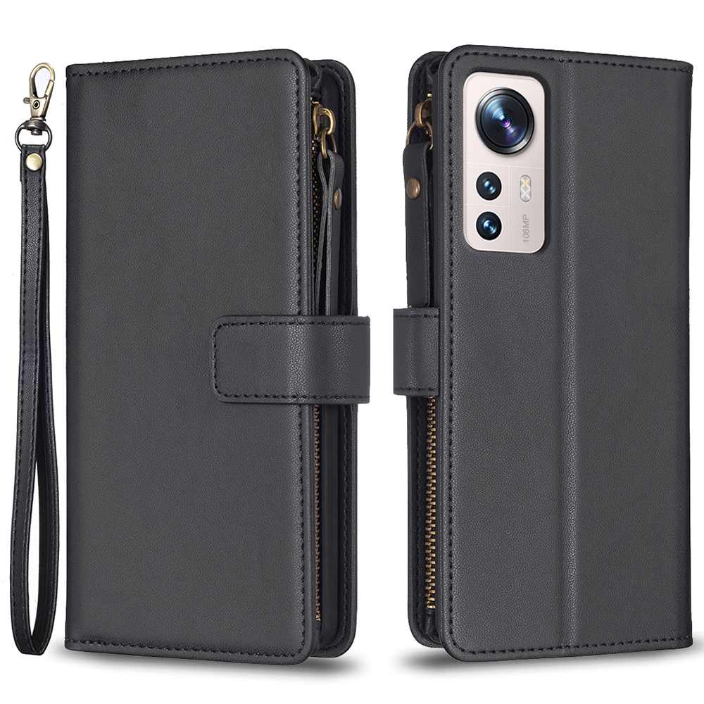 

BF Style-19 Solid Farb Leder Hülle Für Xiaomi 12 Lite 5G Ständer Reißverschluss Taschen-brieftasche Telefonabdeckung Mit Riemen - Schwarz, Xiaomi 12 Lite 5G