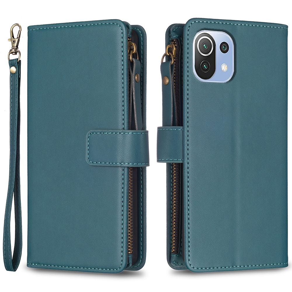 

BF Style-19-telefonkoffer Für Xiaomi Mi 11 Lite 4g / 5g / 11 Lite 5G Ne, Feste Farb Lederständer Reißverschluss Brieftasche Abdeckung - Grün, Xiaomi Mi 11 Lite 4G