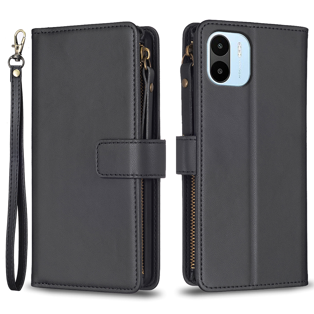 

BF Style-19 Solid Color Phone Hülle Für Xiaomi Redmi A1 4g / A2 4G Reißverschlusspocke PU Leder Ständer Brieftasche Flip Abdeckung - Schwarz, Xiaomi Redmi A1 4G