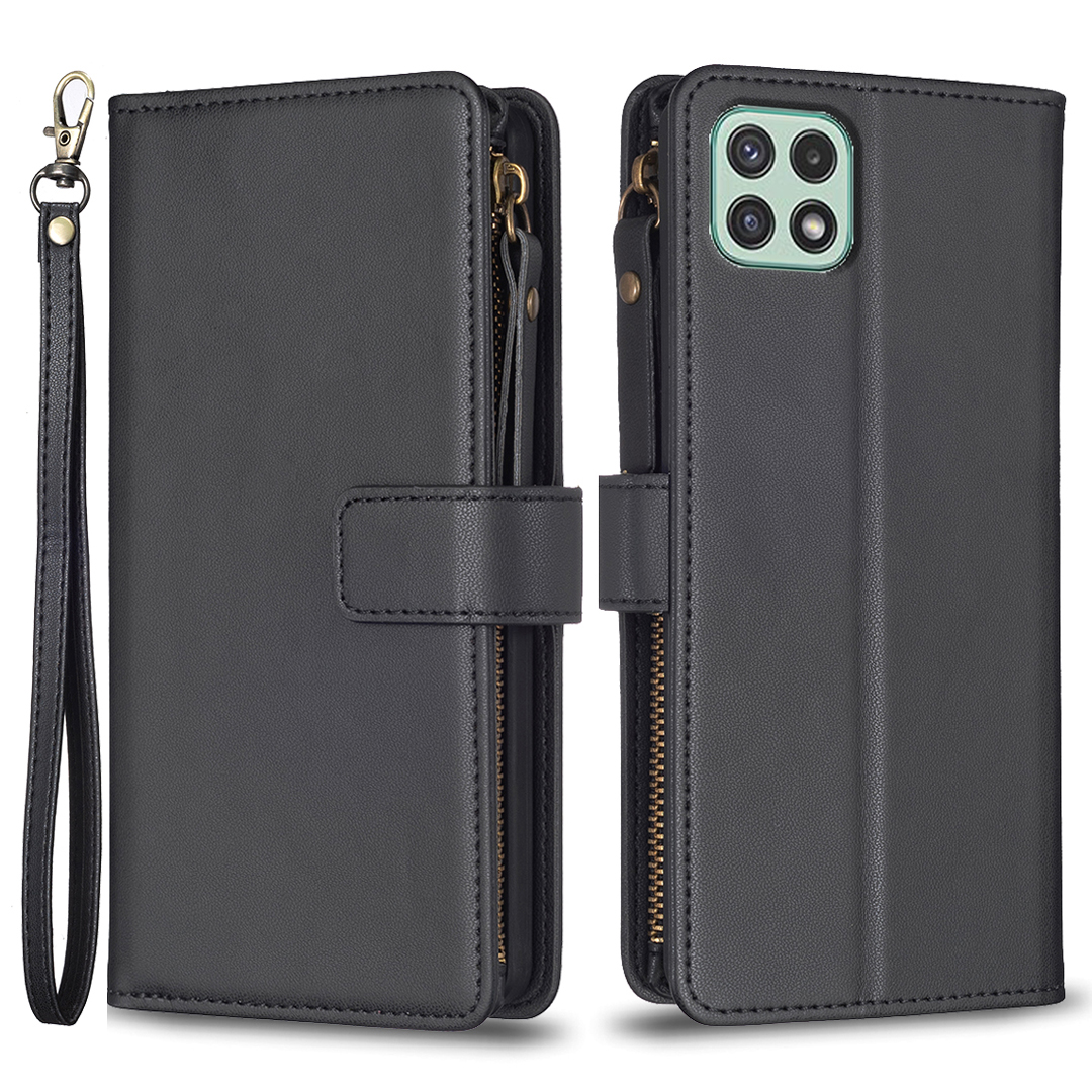 

BF Style-19 Für Samsung Galaxy A22 5G (eu-version) PU Leather Hülle Reißverschluss Pocket Phone Cover Mit Ständer Brieftasche - Schwarz, Galaxy A22 5G (EU Version)