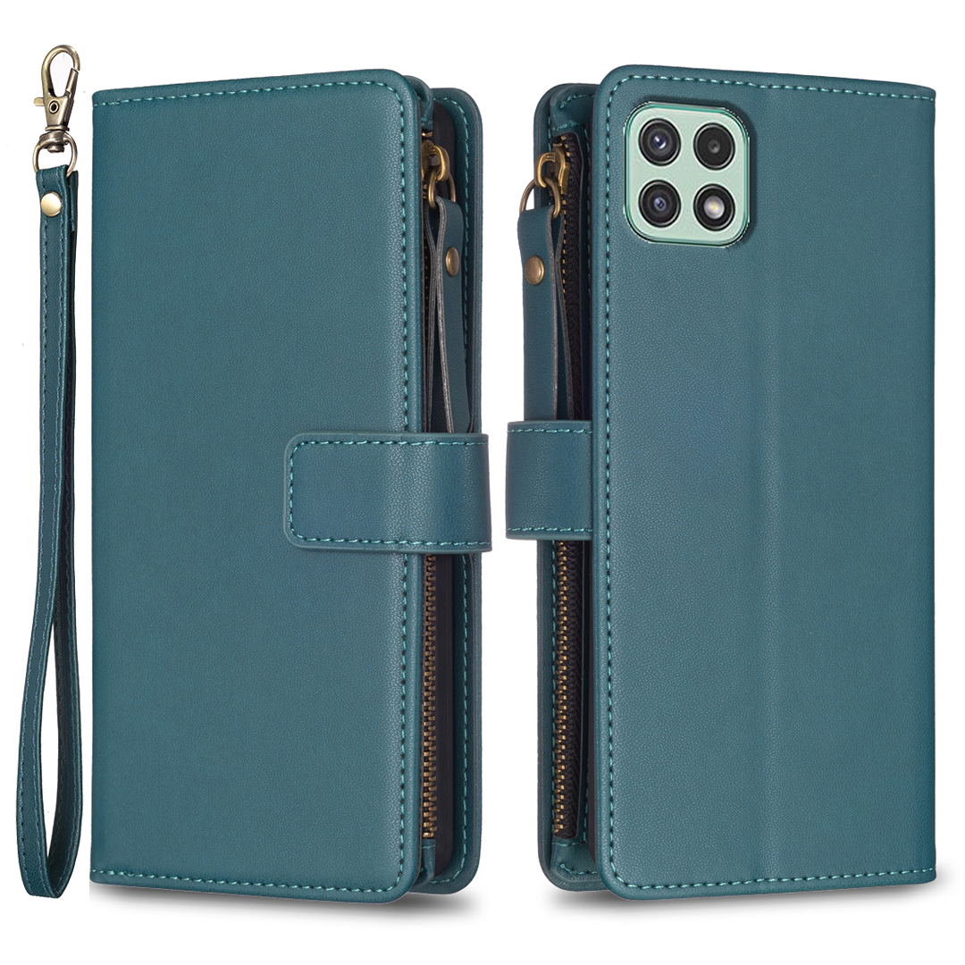 

BF Style-19 Für Samsung Galaxy A22 5G (eu-version) PU Leather Hülle Reißverschluss Pocket Phone Cover Mit Ständer Brieftasche - Grün, Galaxy A22 5G (EU Version)