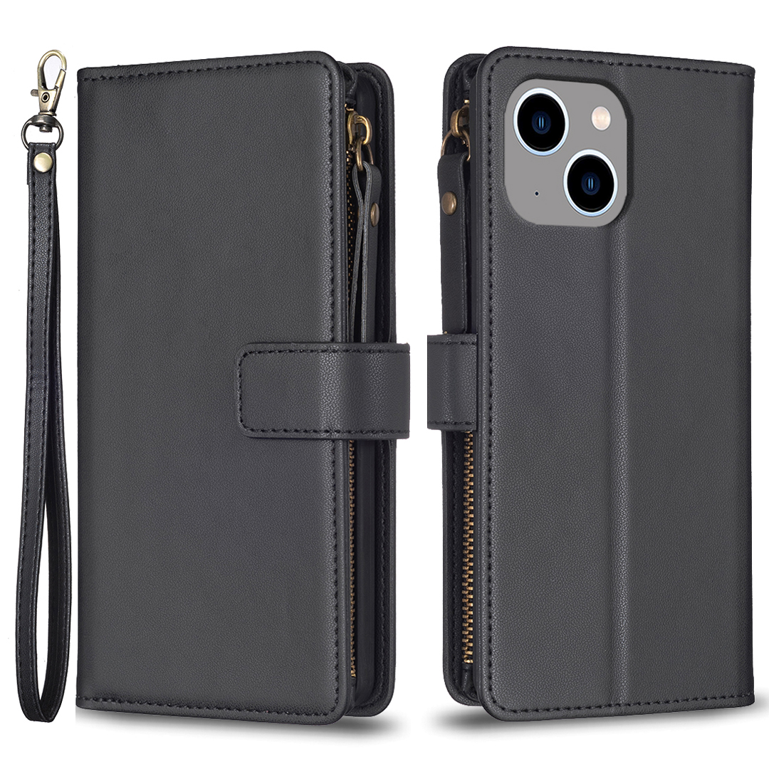 

BF Style-19 Für Iphone 14 Plus Brieftasche PU Leder Hülle Ständer Reißverschluss Taschenpocket Drop-proof-telefonabdeckung - Schwarz, iPhone 14 Plus